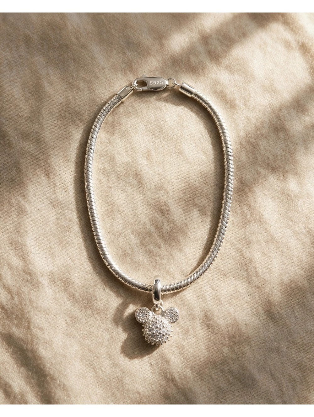 S925 Sterling Snake Chain Bracelet – 6.25", Mouse Charm
